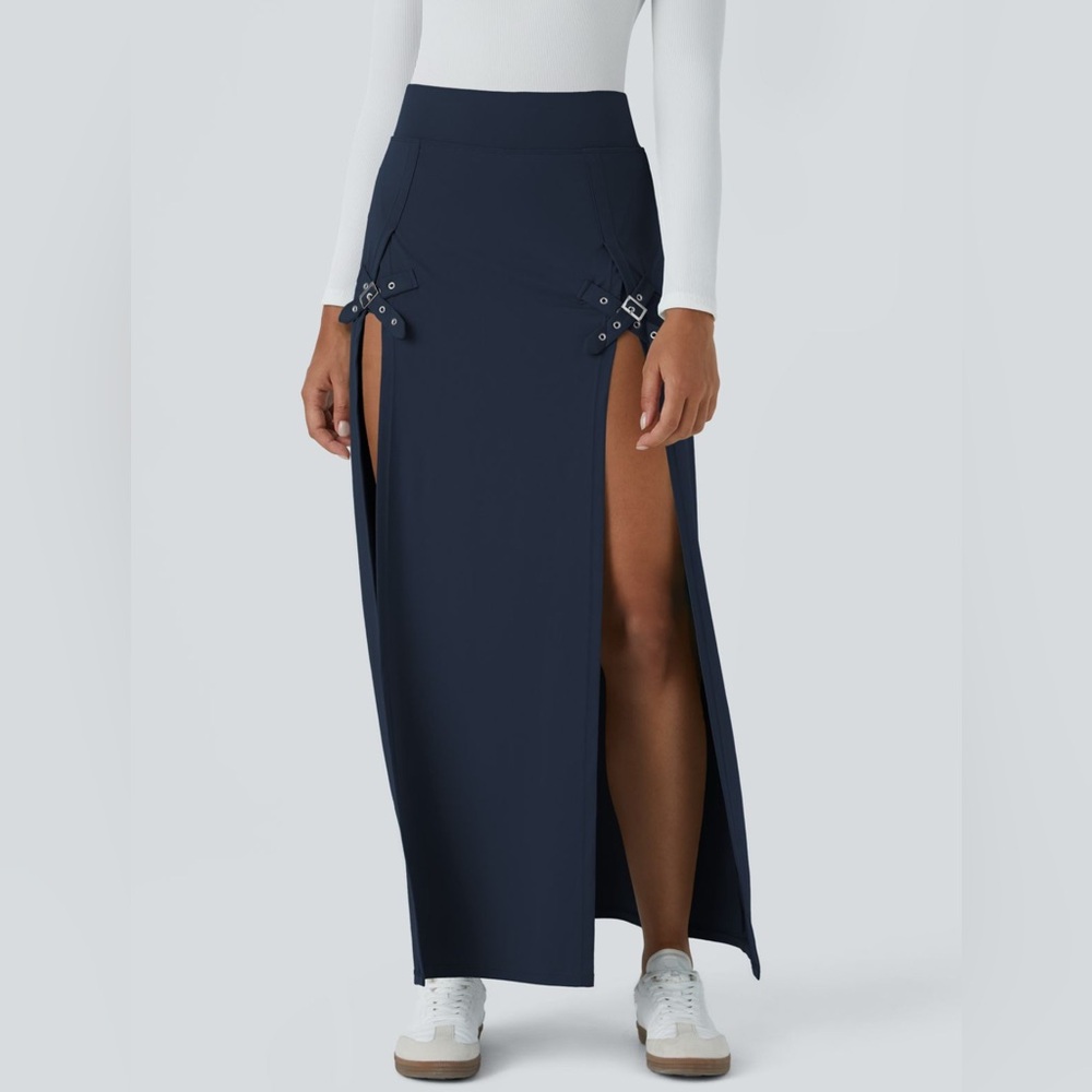 Halara High Waisted Adjustable Buckle Split 2-in-1 Maxi Skirt Navy Large